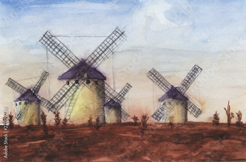 Watercolor painting - Windmills Castilla la Mancha Espana