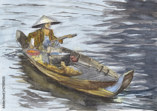 Watercolor painting - Tonlesap lake Cook on the boat