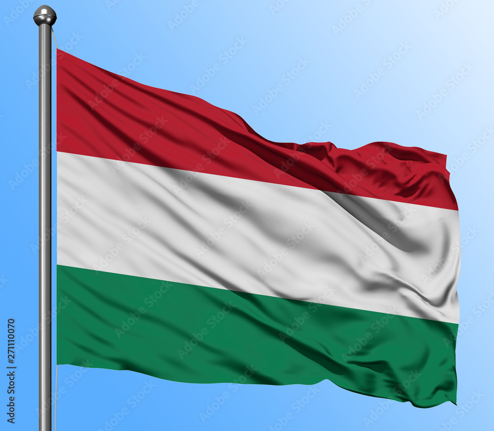 Hungary flag waving in the deep blue sky background. Isolated national flag. Macro view shot.