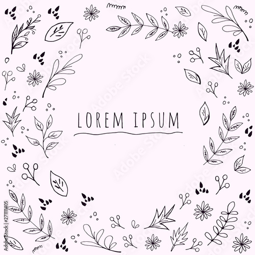 Simple vintage layout for cards, flyers, posters, brochures. Graphic minimalistic vector illustration with flowers and leaves around a place for text.