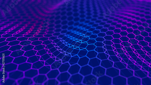 Futuristic blue hexagon background. Futuristic honeycomb concept. Wave of particles. 3D rendering. Data technology background