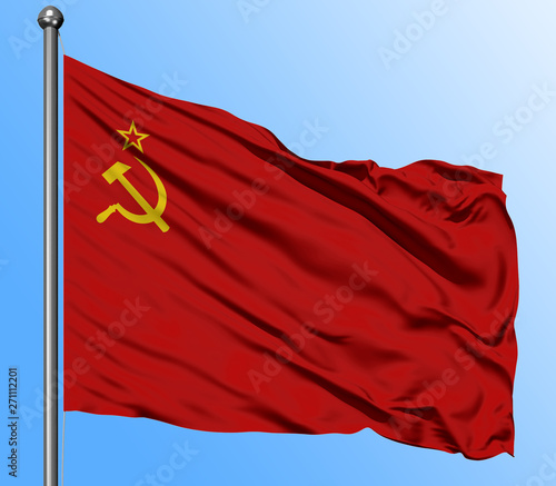 Soviet Union flag waving in the deep blue sky background. Isolated national flag. Macro view shot.