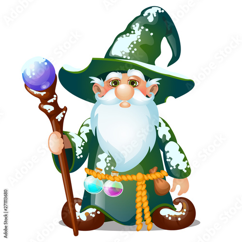 The old wizard with hat and magic stick isolated on white background. Sample of poster, party holiday invitation, festive card. Vector cartoon close-up illustration.