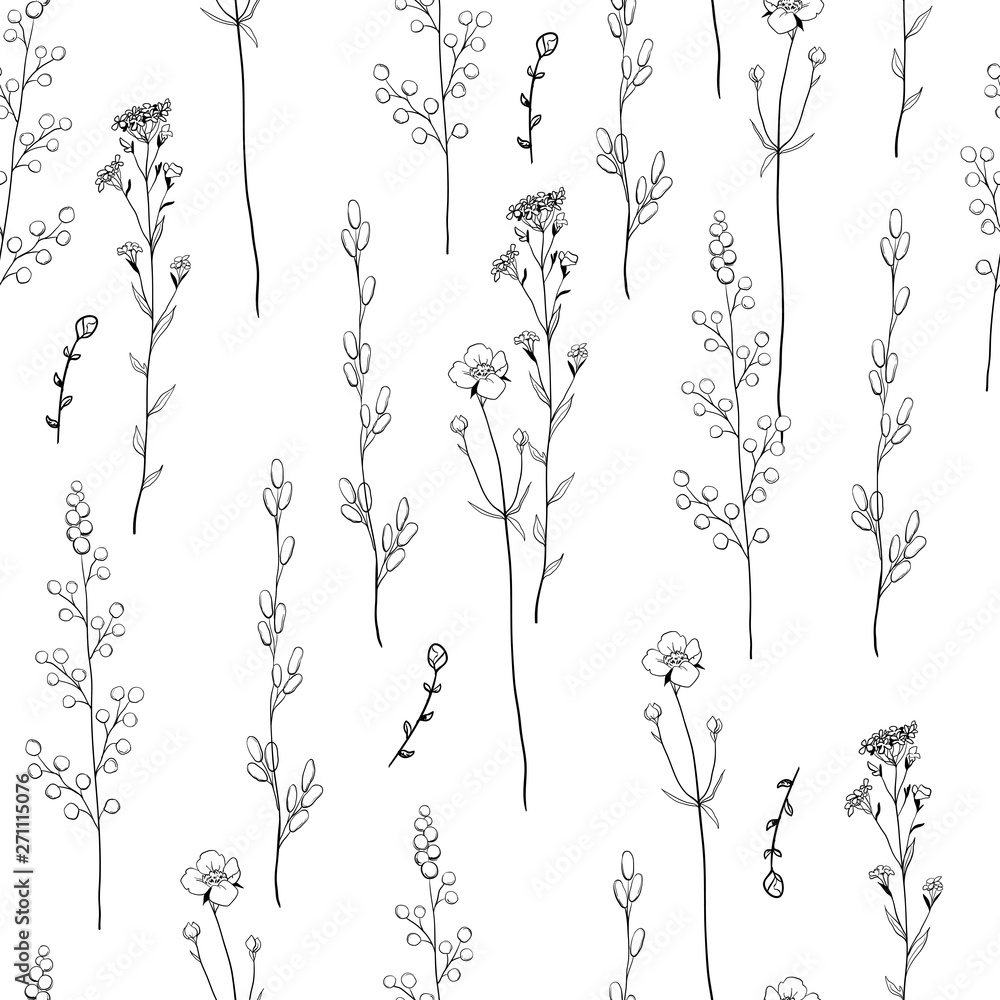Seamless floral decorative pattern with black-and-white herbs. Endless texture for your design.White background.
