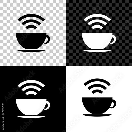 Cup of coffee shop with free wifi zone icon isolated on black, white and transparent background. Internet connection placard. Vector Illustration
