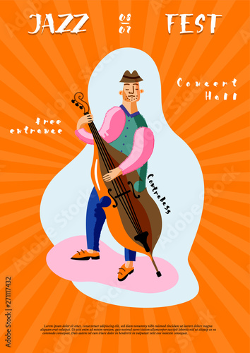 Jazz Fest leaflet template. Double bass player cartoon character