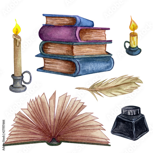 Hand Drawn watercolor illustration. Set with a pile of old books, ink bottle, open book, feathe and candle. photo