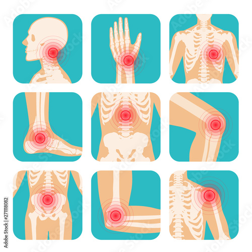 Set of red circle pain localization, human body, skeleton, joints and bones