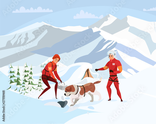 Alpine rescue service flat vector illustration