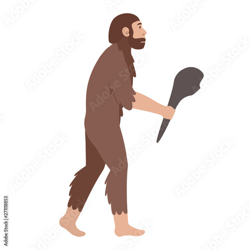 Archaic human man with a baton. Australopithecus. Prehistoric human. Isolated vector illustration