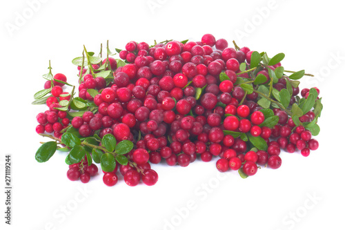 big heap of cowberries with leaves isolated on white background