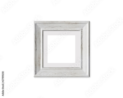 1x1 square old wooden frame mockup. Realisitc painted white wood sign. Framing mat with wide borders.Isolated picture frame mock up template on white background. 3D render.