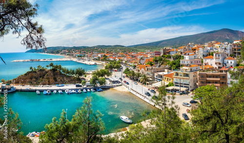 Landscape with Limenaria city and harbour at Thassos island, Greece photo