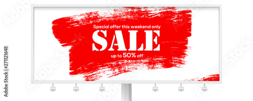 Sale. Creative billboard for ad of sales with discounts. Large brush strokes of red acrylic paint isolated on white background. Realistic brushstrokes texture. Get up to fifty percent discount