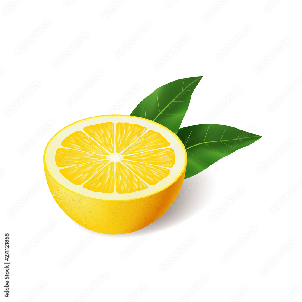 Realistic bright yellow lemon with green leaf half sliced vector Realistic bright yellow lemon with green leaf half sliced vector