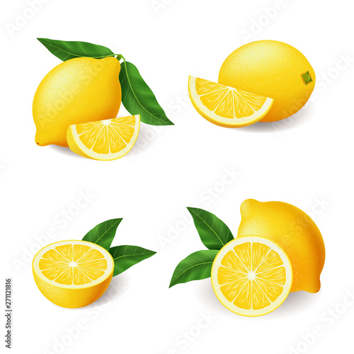 Realistic bright yellow lemon with green leaf whole and sliced set