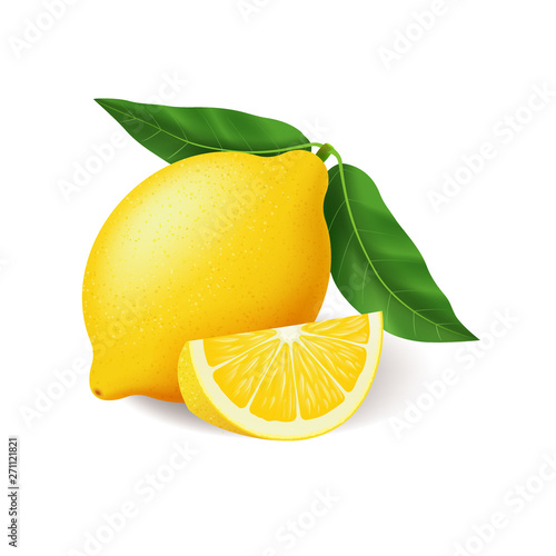 Realistic bright yellow lemon with green leaf whole and sliced vector