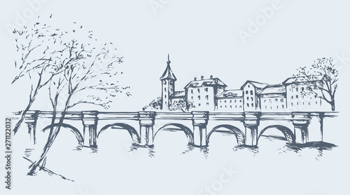 Cityscape with bridge over river. Vector drawing