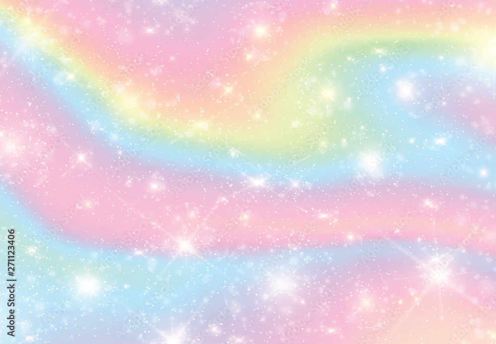 Vector illustration of galaxy fantasy background and pastel color.The unicorn in pastel sky with rainbow. Pastel clouds and sky with bokeh. Cute bright candy background .