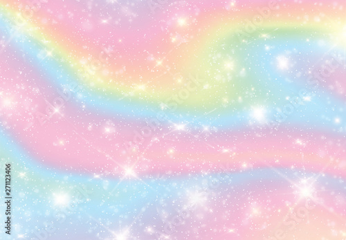 Vector illustration of galaxy fantasy background and pastel color.The unicorn in pastel sky with rainbow. Pastel clouds and sky with bokeh. Cute bright candy background .