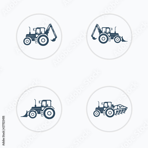 Tractor icons set with higher lift, tiller.