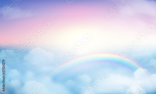 fantasy magical landscape rainbow on sky abstract big volume texture fluffy clouds shine close up view straight