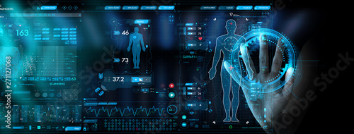 Medicine doctor and stethoscope in hand touching Ui and icon future of medical technology.