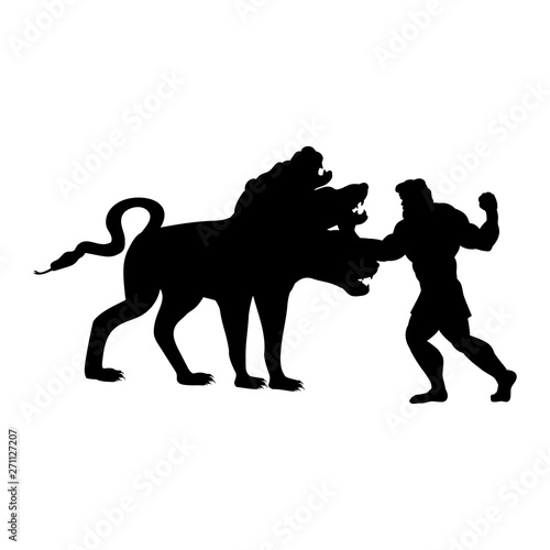 Heracles fights Cerberus dog silhouette ancient mythology fantasy. Vector illustration.