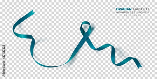 Ovarian Cancer Awareness Month. Teal Color Ribbon Isolated On Transparent Background. Vector Design Template For Poster.
