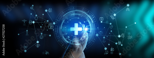 Doctor hand with stethoscope and Ui icon medical in hospital with medical technology network concept. photo