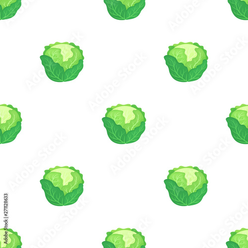 Seamless pattern with fresh green cabbage isolated on white background. Organic food. Cartoon style. Vector illustration for design, web, wrapping paper, fabric, wallpaper.