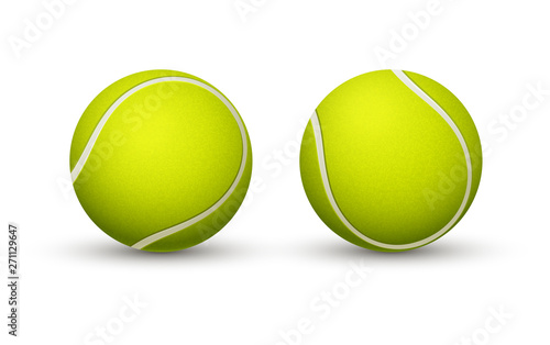 Yellow tennis ball closeup on a white background.
