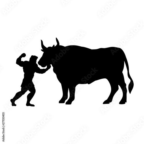 Heracles fights Ox silhouette mythology fantasy. Vector illustration.