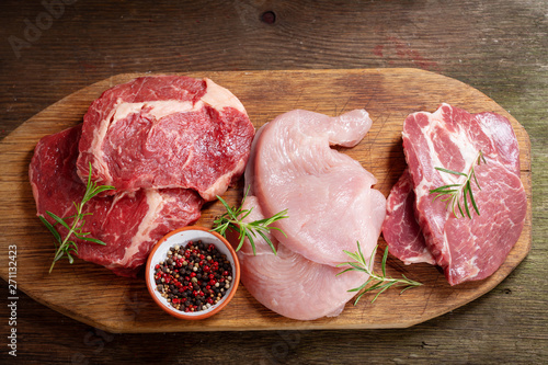 various types of fresh meat steaks: beef, pork and turkey, top view
