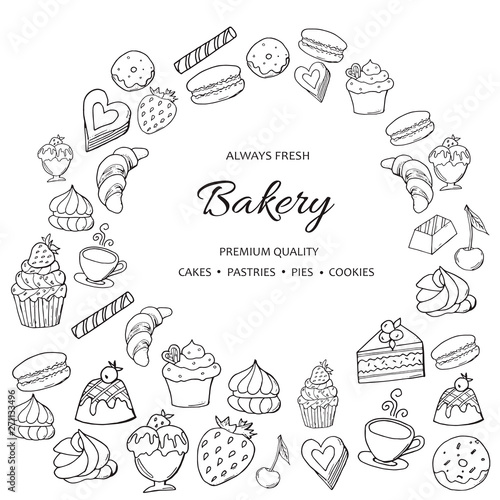 Hand drawn set of sweet bakery on white background. 