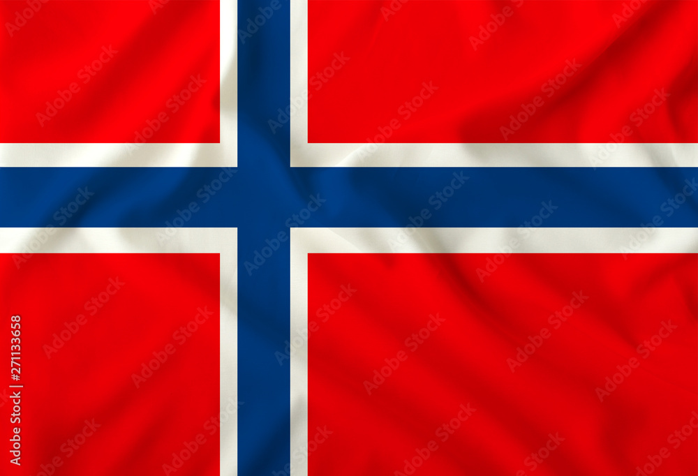 Fototapeta premium The color flag of the state of Norway is depicted on a silk fabric with soft folds,
