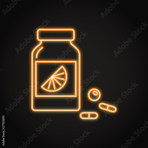 Vitamin bottle icon in neon line style
