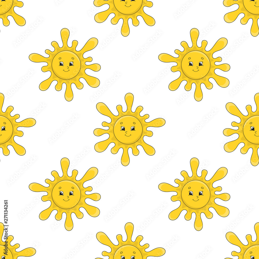 Happy sun. Colored seamless pattern with cute cartoon character. Simple flat vector illustration isolated on white background. Design wallpaper, fabric, wrapping paper, covers, websites. Happy sun. Colored seamless pattern with cute cartoon character. Simple flat vector illustration isolated on white background. Design wallpaper, fabric, wrapping paper, covers, websites.