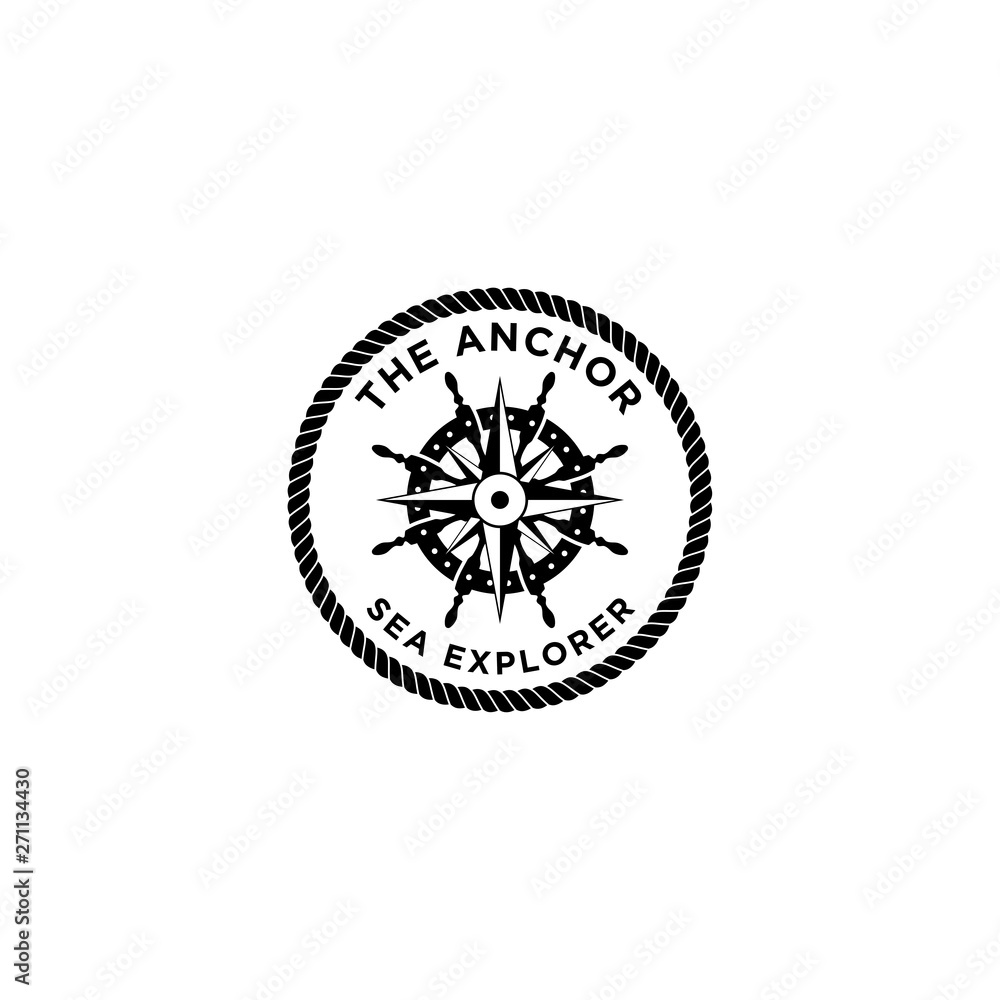 marine retro emblems logo with anchor rope, ship wheel and sailor compass, anchor logo - vector marine retro emblems logo with anchor rope, ship wheel and sailor compass, anchor logo - vector