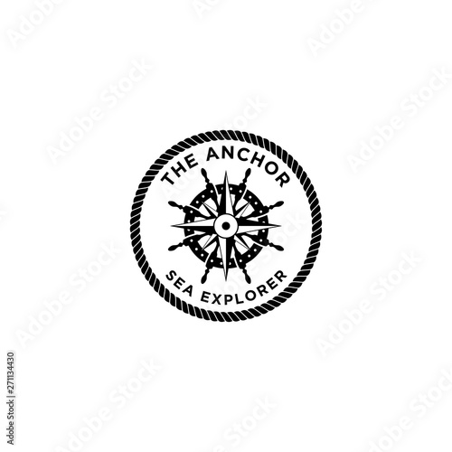 marine retro emblems logo with anchor rope, ship wheel and sailor compass, anchor logo - vector