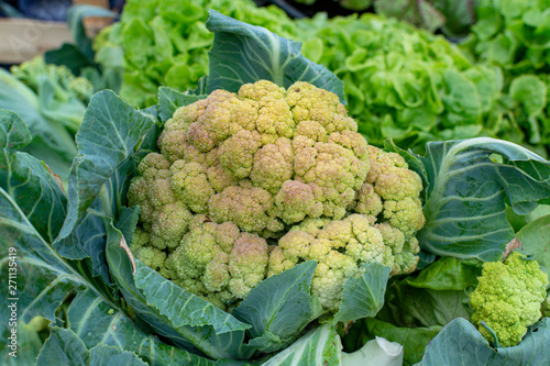 New harvest of tasty Sicilian green cauliflower vegetable on market