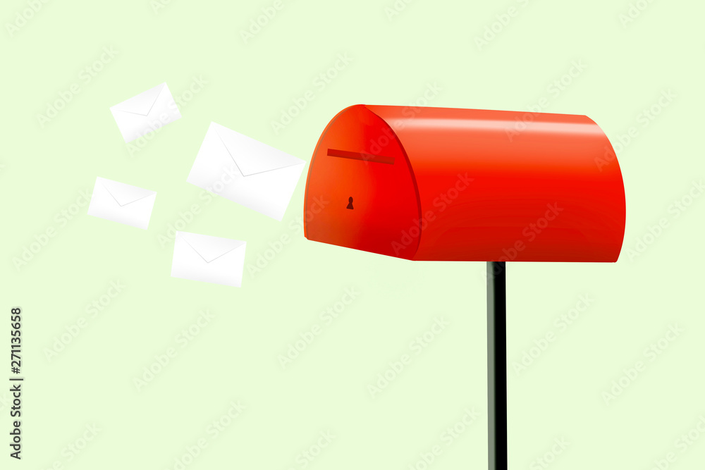 Mail box illustration in the flat style. Open red mail box with envelopes Mail box illustration in the flat style. Open red mail box with envelopes