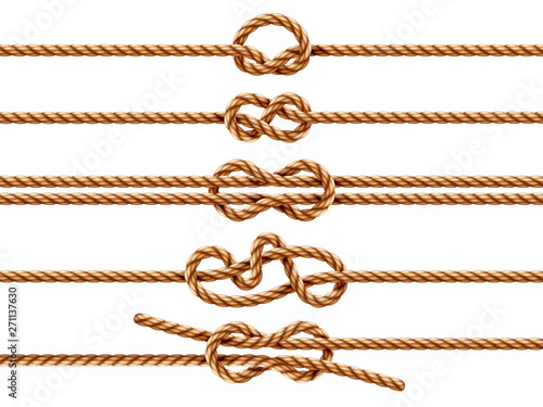 Set of isolated ropes with different knot types. Nautical thread or cord with sheet bend and overhand, granny and figure eight, square or reef knot. Two ropes knotted or whipcord intertwined. Marine