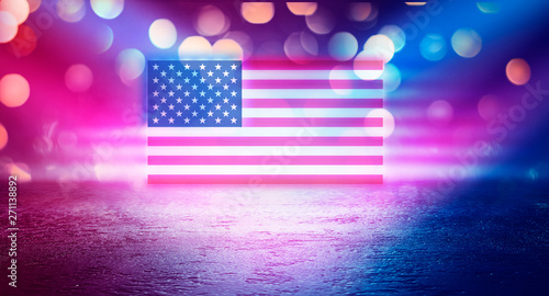American national flag on abstract background. Abstract festive background with neon glowing USA flag.