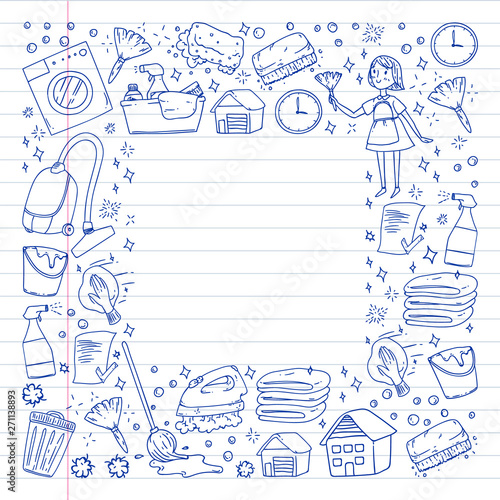 cleaning services company vector monochrome pattern on white background, drawing pen, notebooks lined