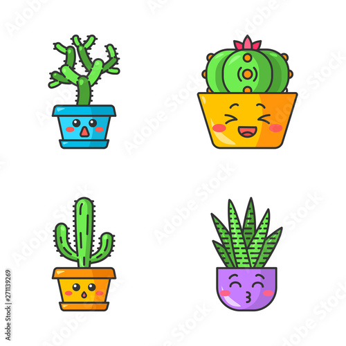 Cactuses cute kawaii vector characters