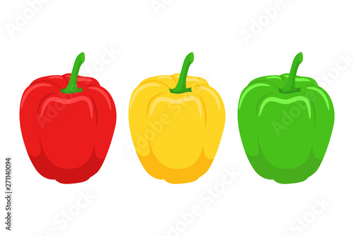 Set of bulgarian peppers. Red, yellow and green. Vector illustration.