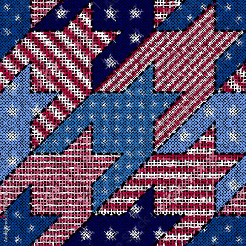 Imitation of indian patchwork pattern with texture canvas Hounds-tooth pattern. Vector seamless image.