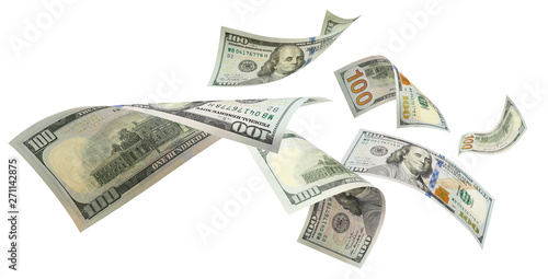 Flying 100 American dollars banknotes, isolated on white background photo