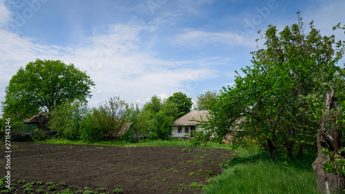 Landscape House in the village against the backdrop of green grass and blue sky